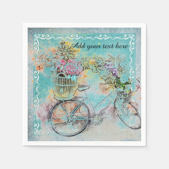 Serviette En Papier Bicycle with flower baskets on blue burlap (Devant)