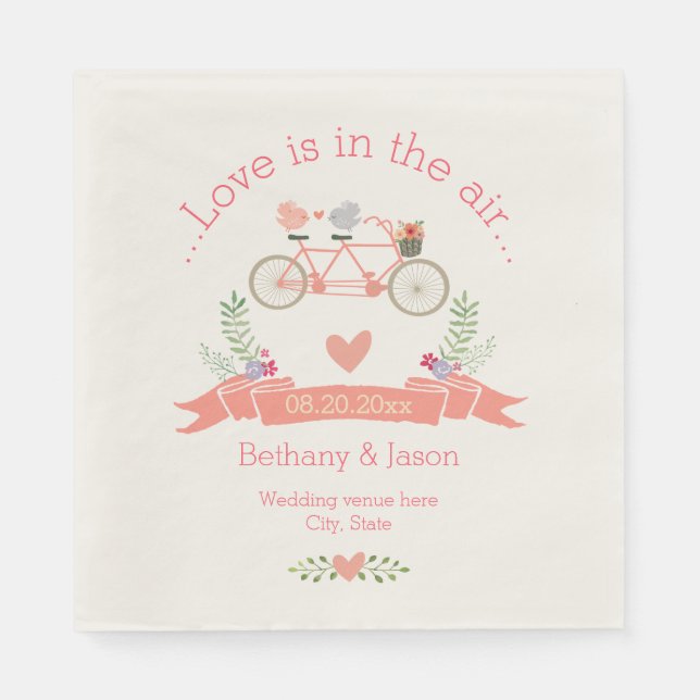 Serviette En Papier Bicyclette Tandem, Oiseaux et Mariage de bannières (Devant)