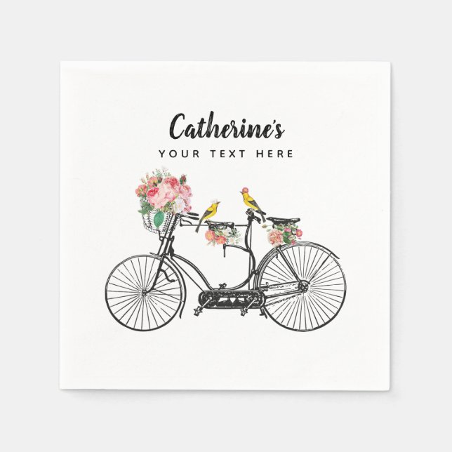 Serviette En Papier Bicyclette Vintage Romantique Fleurs Oiseaux (Devant)