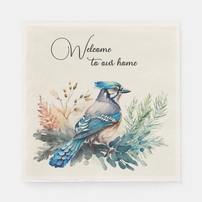 Serviette En Papier Bienvenue Aquarelle Bleu Jay Bird (Devant)
