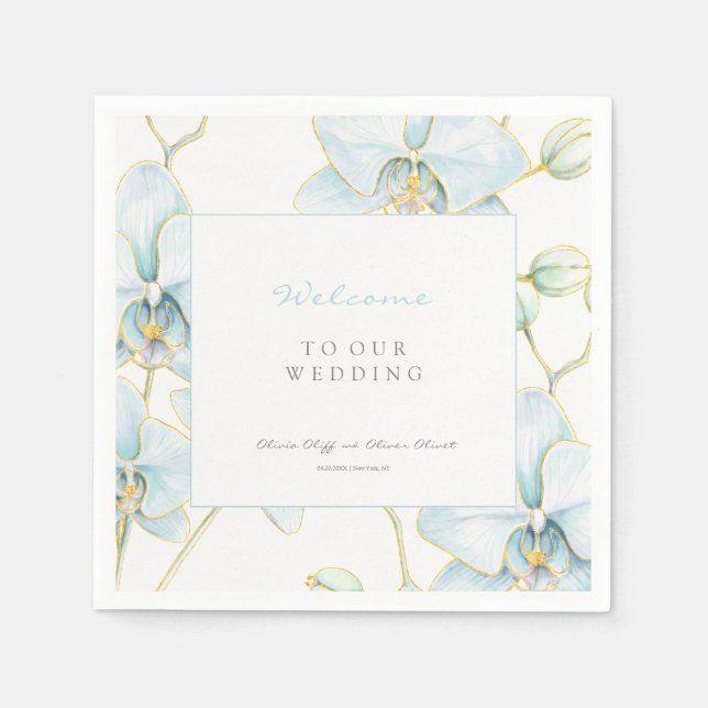 Serviette En Papier Bienvenue au Mariage d'orchidée bleu doux (Devant)