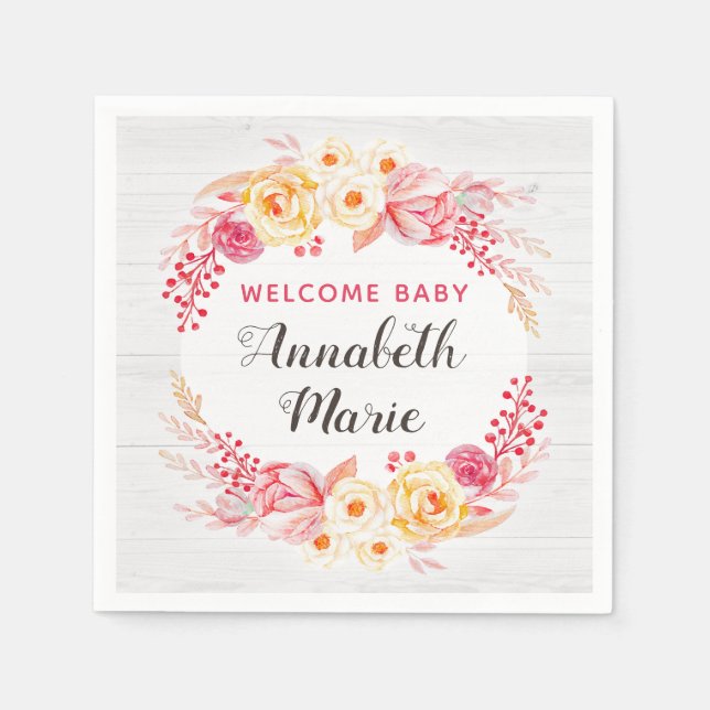 Serviette En Papier Bienvenue Baby Shabby Chic Baby shower Floral Rust (Devant)