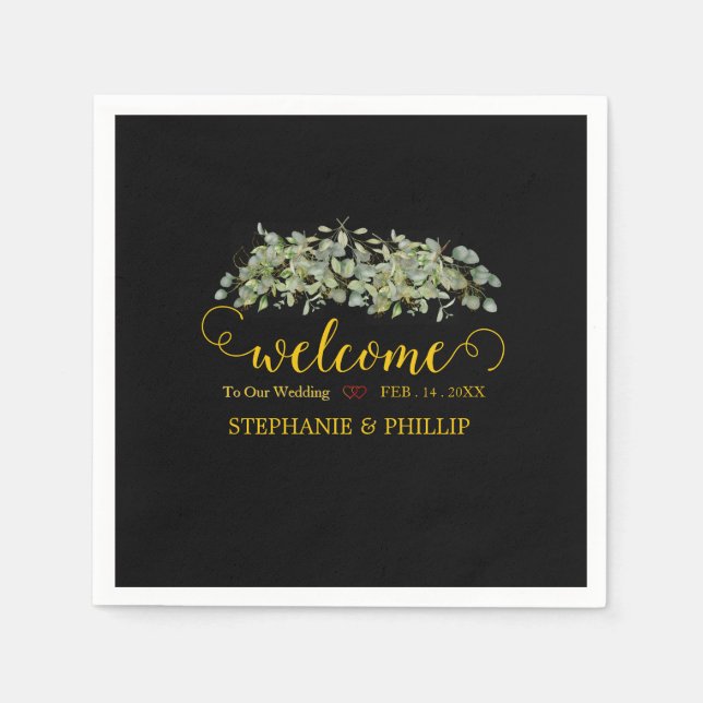 Serviette En Papier Bienvenue Green Eucalyptus Foliage Mariage (Devant)