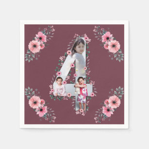 Serviette En Papier Big 4th Birthday Girl Photo Collage Fleur rose