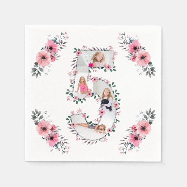 Serviette En Papier Big 5th Birthday Girl Photo Collage Fleur rose (Devant)