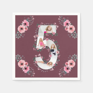 Serviette En Papier Big 5th Birthday Girl Photo Collage Fleur rose
