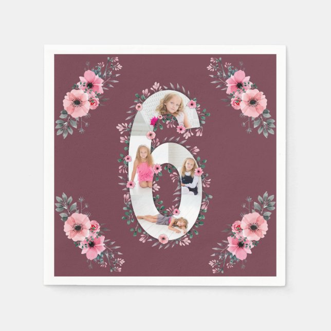 Serviette En Papier Big 6th Birthday Girl Photo Collage Fleur rose (Devant)