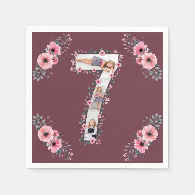 Serviette En Papier Big 7th Birthday Girl Photo Collage Fleur rose (Devant)