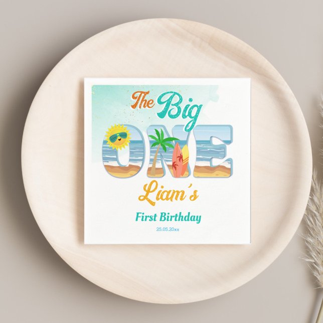 Serviette En Papier Big One surf plage été anniversaire vaisselle (Big One surfing beach summer first birthday party personalized tableware monogram printed Napkins)