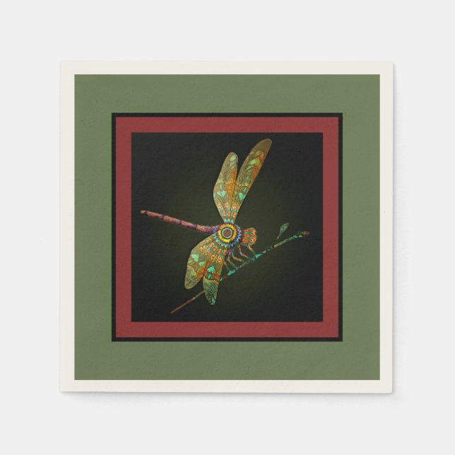 Serviette En Papier Bijoux Tone Dragonfly rencontre Mandala sur Olive  (Devant)