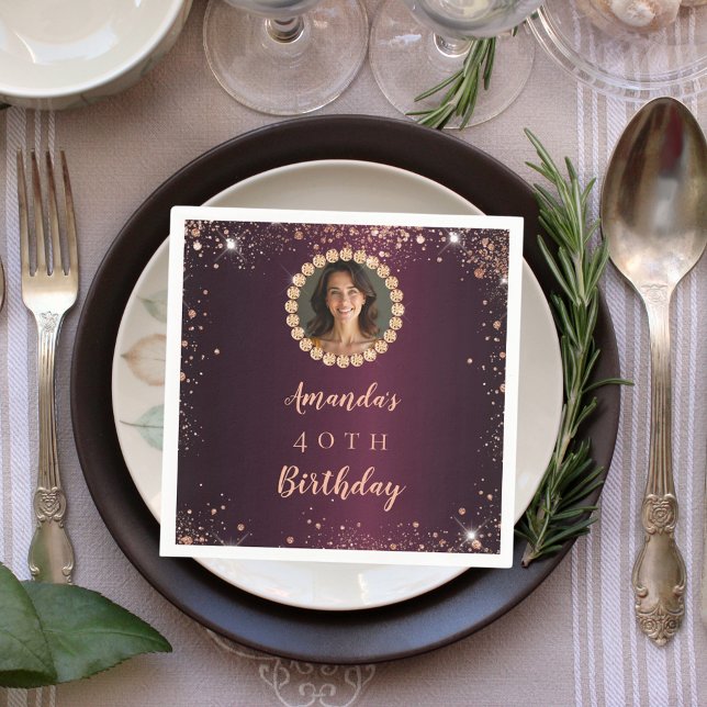 Serviette En Papier Birthday burgundy rose gold photo diamonds (Créateur téléchargé)