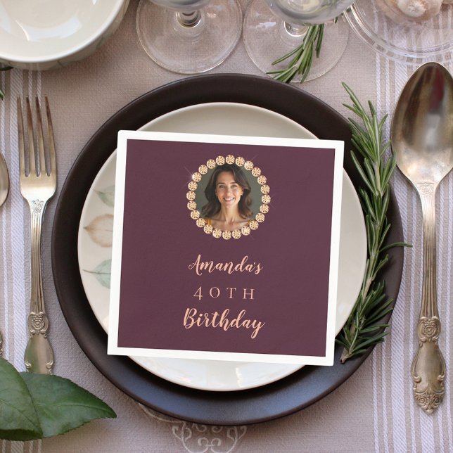 Serviette En Papier Birthday burgundy rose gold photo diamonds (Créateur téléchargé)