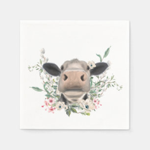 Serviette En Papier bisou de nez de vache fleurs aquarelle gris animal