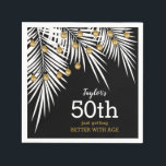 Serviette En Papier Black and Gold 50th Birthday Party<br><div class="desc">Créez de magnifiques serviettes personnalisées de fête d'anniversaire avec votre nom,  votre âge et une façade de palmier blanc avec des brins de lumières sur un arrière - plan noir - CHANGER COULEUR ARRIÈRE - PLAN à tout. Voir les articles MATCHING dans notre collection.</div>