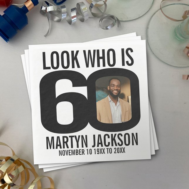 Serviette En Papier Black and white 60e anniversaire photo look qui es (Créateur téléchargé)