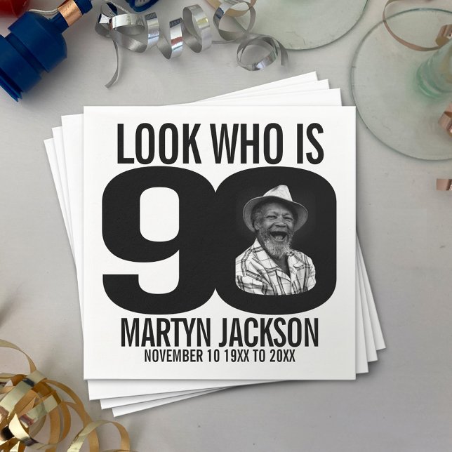 Serviette En Papier Black and white 90e anniversaire photo look qui es (Créateur téléchargé)