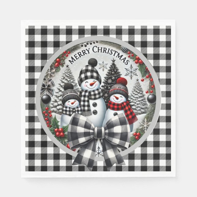 Serviette En Papier Black And White Buffalo Plaid Snowmen Paper Plate (Devant)