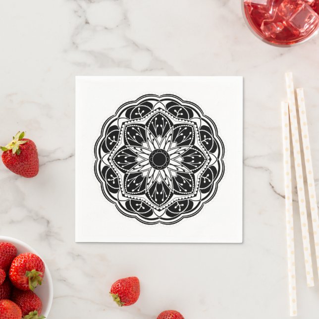 Serviette En Papier Black and white floral mandala  (En situation)