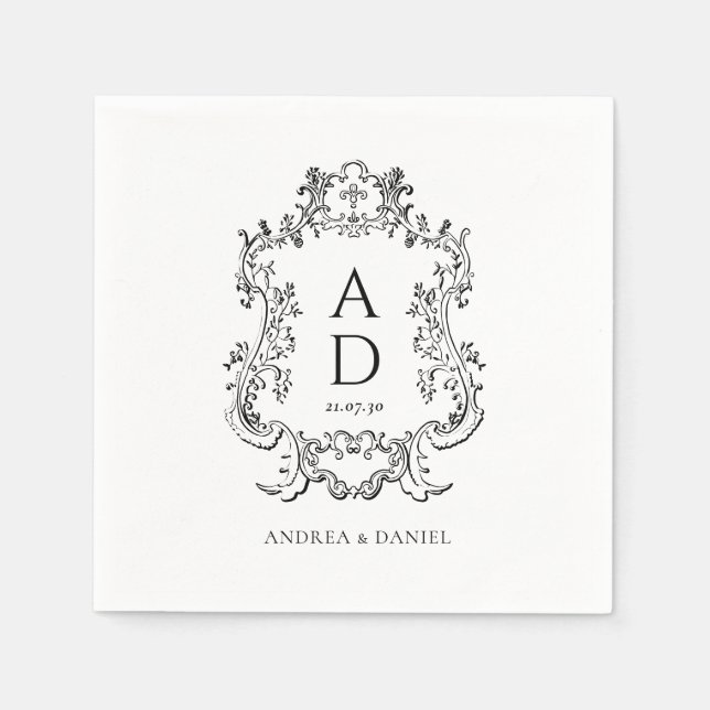 Serviette En Papier Black and White Floral Wedding Monogram  (Devant)