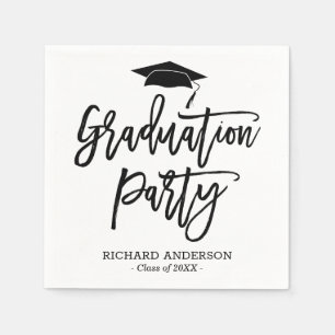 Serviette En Papier Black and White Modern Script Graduation Party