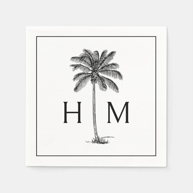 Serviette En Papier Black and White Palm Palmetto Tree Monogram (Devant)