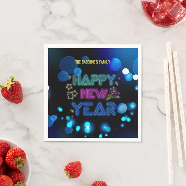 Serviette En Papier Black & Blue Midnight Sparkle Neon Glow New Year  (En situation)