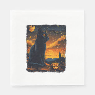Serviette En Papier Black Cat Starry Nuit Van Gogh Citrouilles Bats Ha