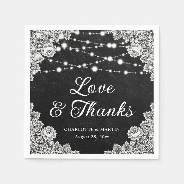 Serviette En Papier Black Chalkboard Lace Love and Thanks Mariage (Devant)