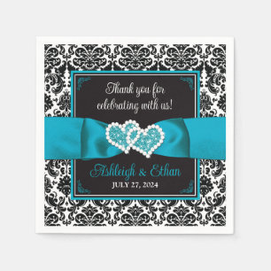 Serviette En Papier Black Damask, Turquoise Love Hearts Mariage