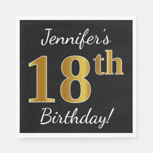 Serviette En Papier Black, Faux Gold 18e anniversaire + Nom personnali