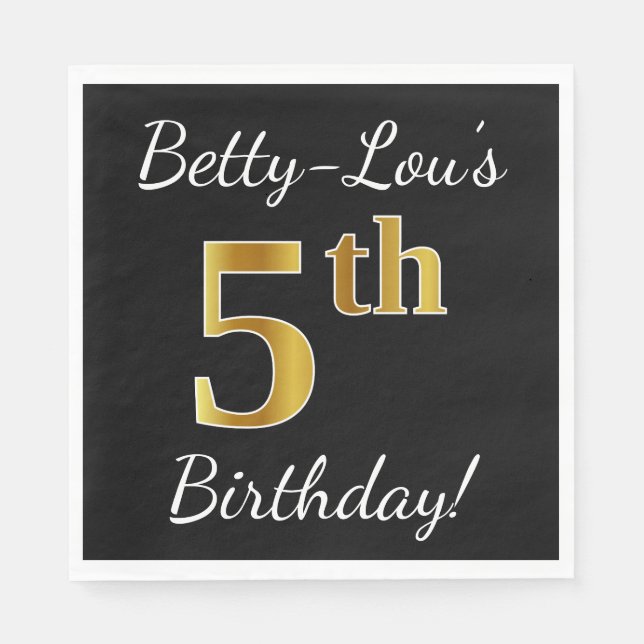 Serviette En Papier Black, Faux Gold 5e anniversaire + Nom personnalis (Devant)