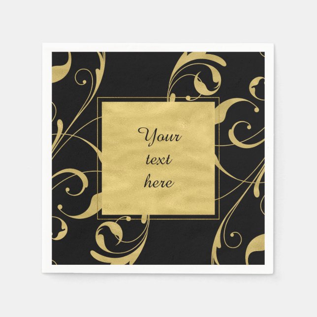 Serviette En Papier Black & Faux Gold Floral Swirl Mariage élégant (Devant)