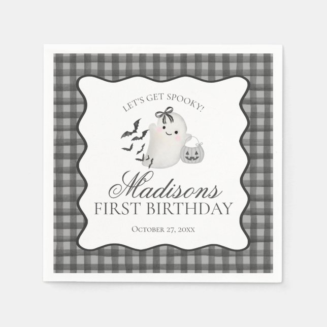 Serviette En Papier Black Gingham Little Boo Ghost Birthday Dessert (Devant)