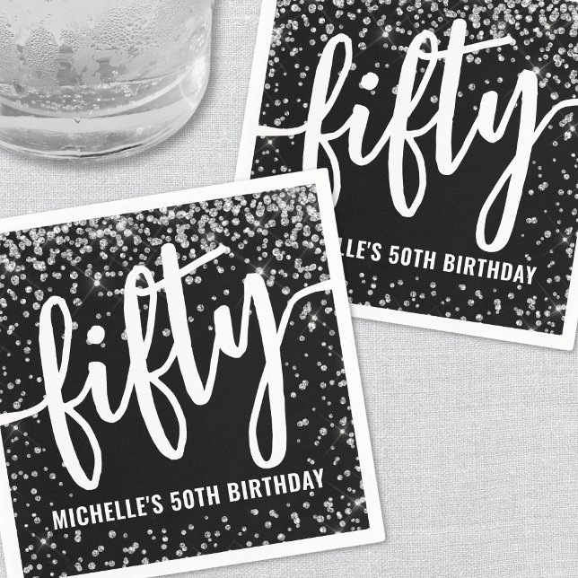 Serviette En Papier Black Glitter 50th Birthday (Black Glitter 50th Birthday Napkins )