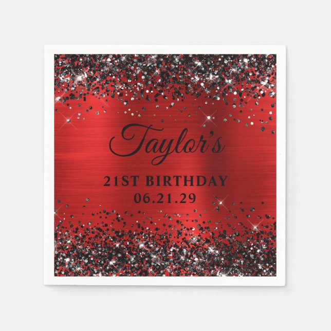 Serviette En Papier Black Glitter Red Foil 21st Birthday (Devant)