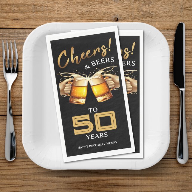 Serviette En Papier Black & Gold Cheers & Beers 50 ans 50e anniversair (Black & Gold Cheers & Beers 50 Years 50th Birthday Paper Guest Towels)