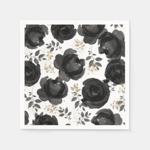 Serviette En Papier Black Gold Floral Glam Feuille Mariage