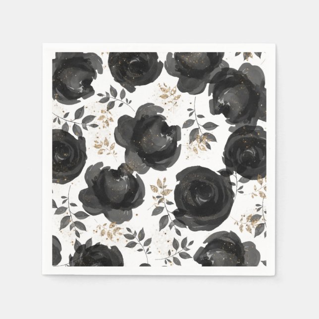Serviette En Papier Black Gold Floral Glam Feuille Mariage (Devant)