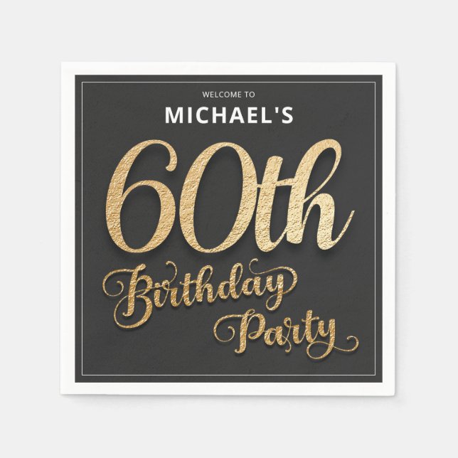 Serviette En Papier Black Gold Foil 60e fête d'anniversaire (Devant)