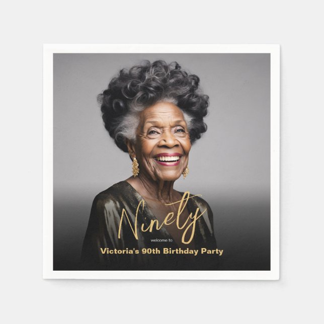 Serviette En Papier Black Gold Minimal photo moderne 90e anniversaire (Devant)