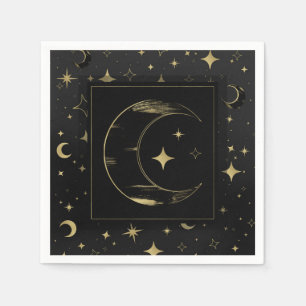 Serviette En Papier Black & Gold Moderne Lune Céleste Étoiles Mariage