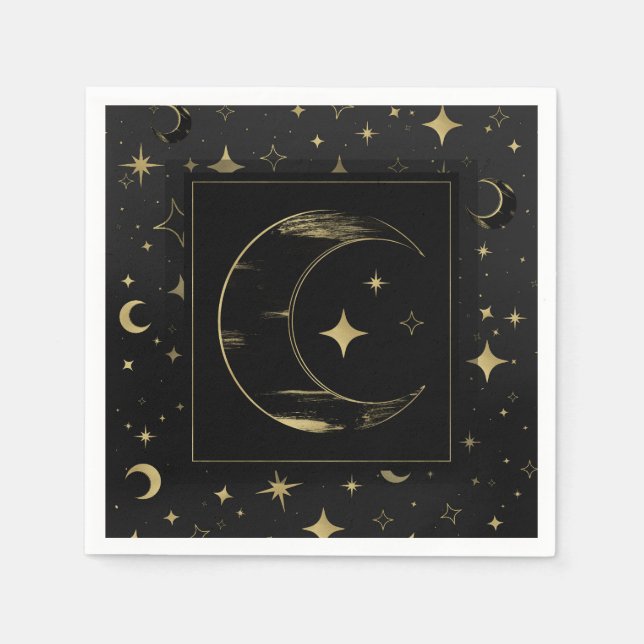 Serviette En Papier Black & Gold Moderne Lune Céleste Étoiles Mariage (Devant)