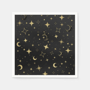 Serviette En Papier Black & Gold Moderne Lune Céleste Étoiles Mariage