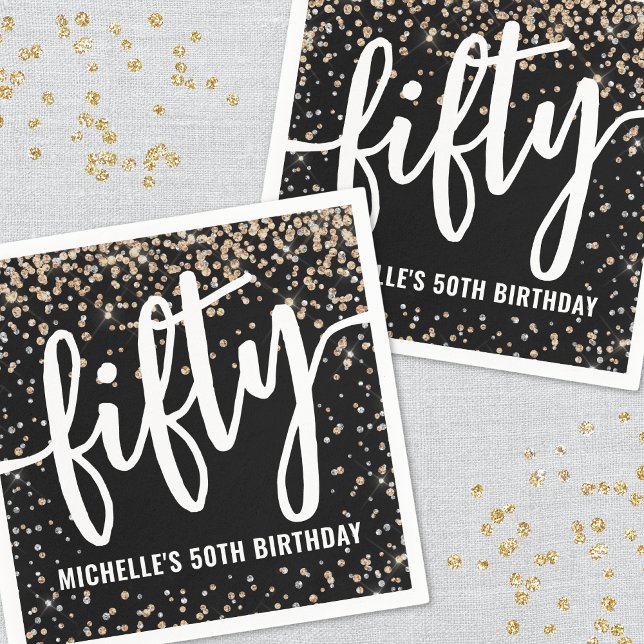 Serviette En Papier Black Gold Parties scintillant 50e anniversaire (Black Gold Glitter 50th Birthday Napkins)