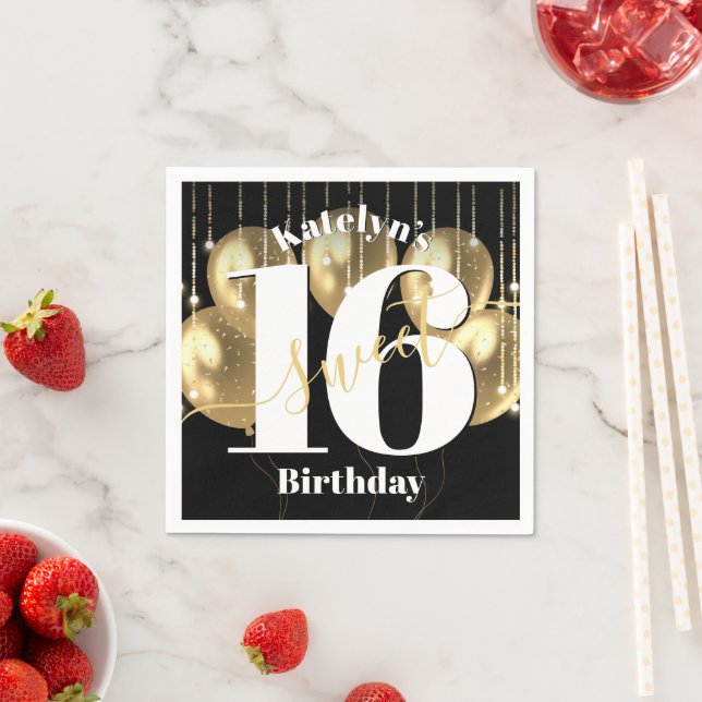 Serviette En Papier Black Gold Parties scintillant Sweet 16 Balloons d (En situation)