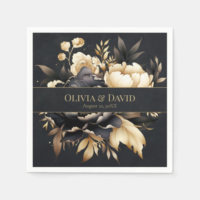 Serviette En Papier Black & Gold Peony Wedding Napkins (Devant)