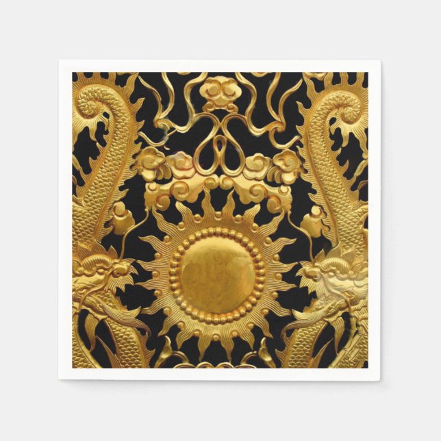 Serviette En Papier Black Gold Sun Dragons Asiatiques Papier Napkins (Devant)