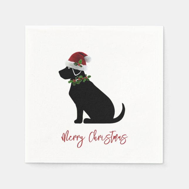 Serviette En Papier Black Lab Chien Joyeux Noël Santa Hat Holly (Devant)
