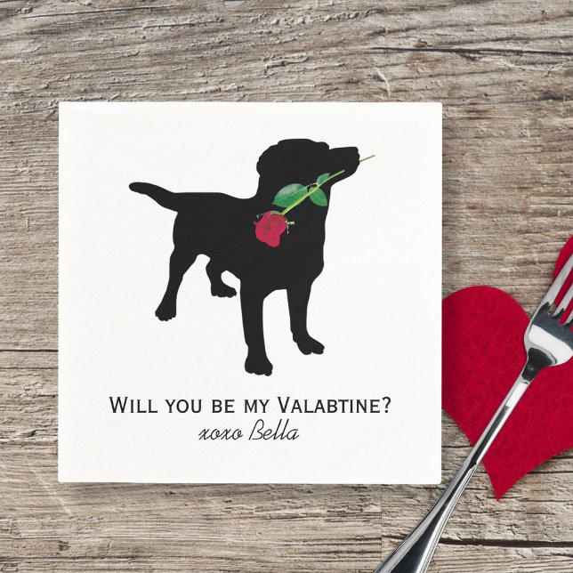 Serviette En Papier Black Lab Valentine Chien tenant Red Rose (Créateur téléchargé)