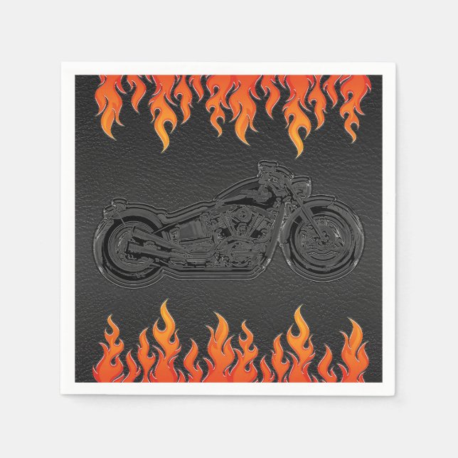 Serviette En Papier Black Leather Orange Flames Motorcycle Bière Party (Devant)